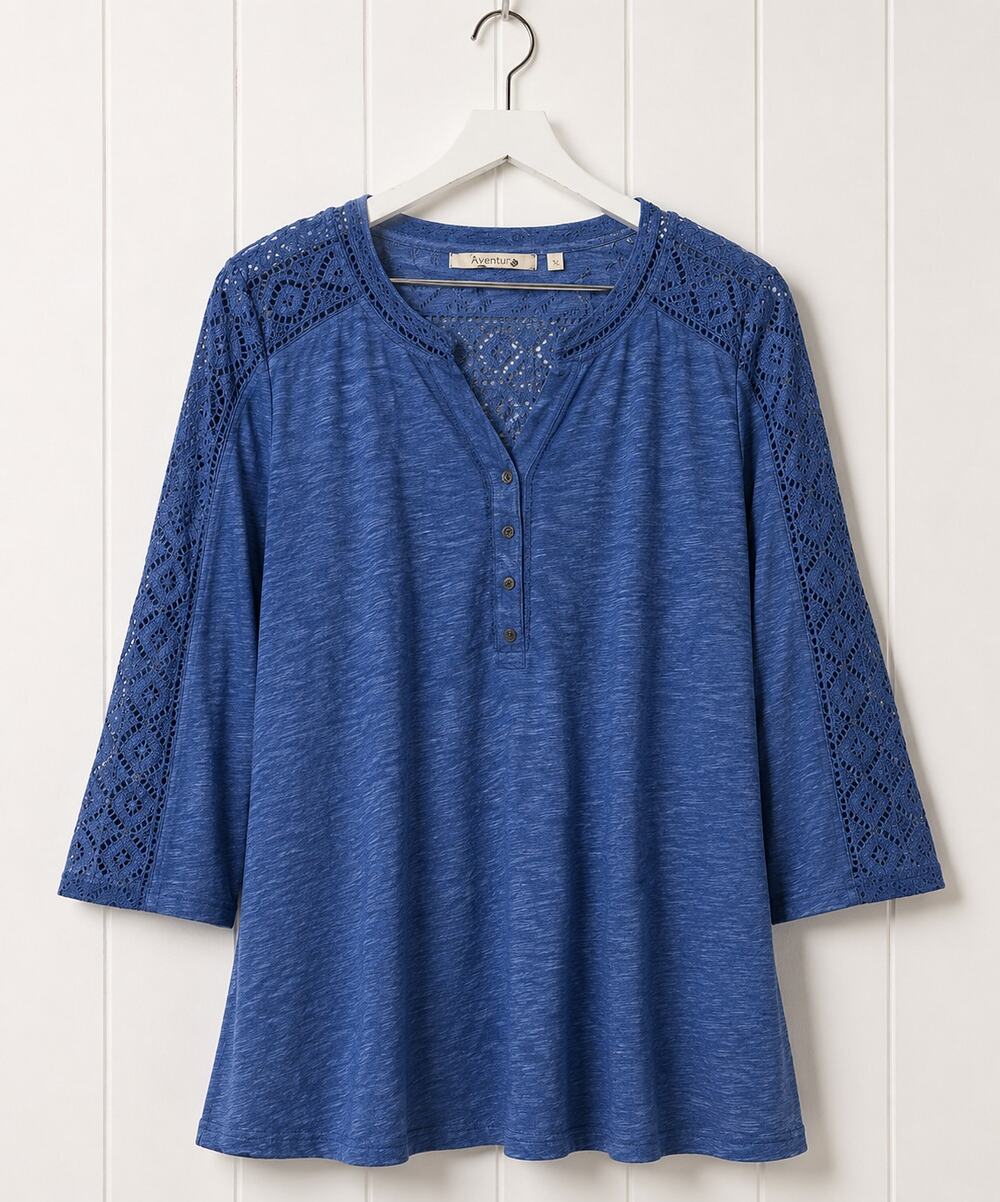 Soft Surroundings Tunic Top Women's 2X Blue Eyelet Trim 3/4 Sleeve Cotton